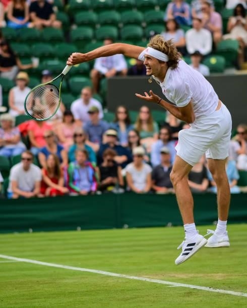 Alexander Zverev of Germany serves against Tennys Sandgren of the United States in the second round of the gentlemen's singles during Day Four of The...