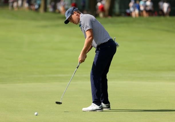 Kramer Hickok putts on the second green during the first round of the Rocket Mortgage Classic on July 01, 2021 at the Detroit Golf Club in Detroit,...