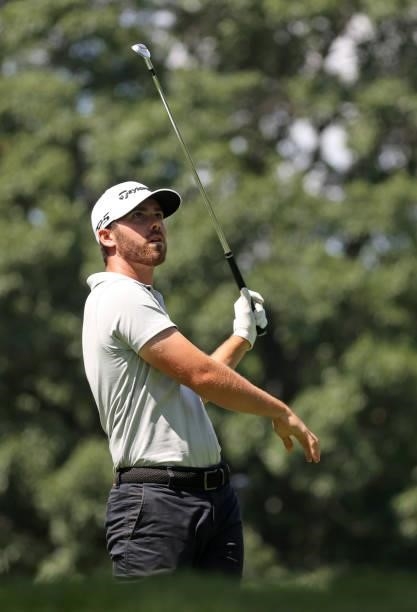 Matthew Wolff plays his shot from the ninth tee during the first round of the Rocket Mortgage Classic on July 01, 2021 at the Detroit Golf Club in...