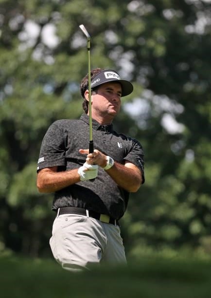 Bubba Watson plays his shot from the ninth tee during the first round of the Rocket Mortgage Classic on July 01, 2021 at the Detroit Golf Club in...