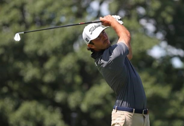 Max Homa plays his shot from the ninth tee during the first round of the Rocket Mortgage Classic on July 01, 2021 at the Detroit Golf Club in...