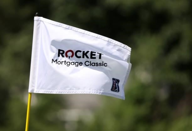 Pin flag on the eighth green during the first round of the Rocket Mortgage Classic on July 01, 2021 at the Detroit Golf Club in Detroit, Michigan.