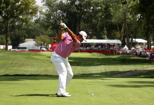 Hideki Matsuyama of Japan plays his shot from the ninth tee during the first round of the Rocket Mortgage Classic on July 01, 2021 at the Detroit...