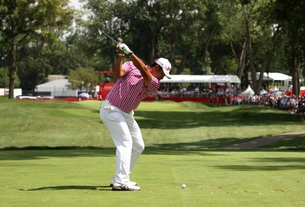 Hideki Matsuyama of Japan plays his shot from the ninth tee during the first round of the Rocket Mortgage Classic on July 01, 2021 at the Detroit...