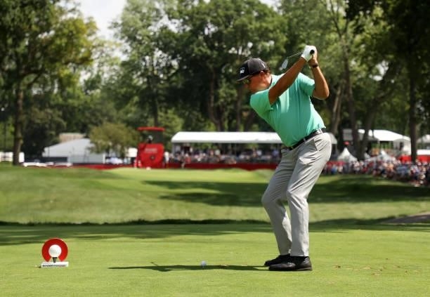 Phil Mickelson plays his shot from the ninth tee during the first round of the Rocket Mortgage Classic on July 01, 2021 at the Detroit Golf Club in...