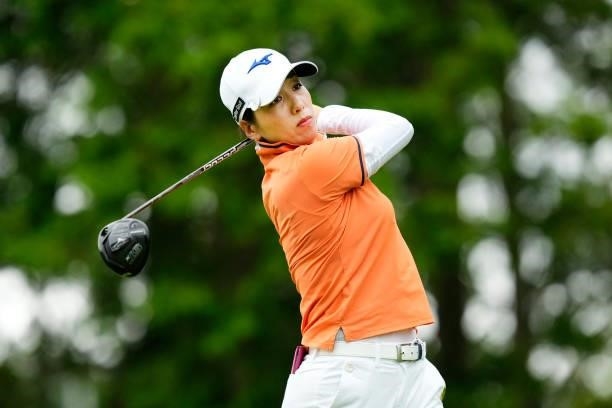 Keiko Kubo of Japan hits her tee shot on the 10th hole during the final round of the Sky Ladies ABC Cup at the ABC Golf Club on July 2, 2021 in Kato,...