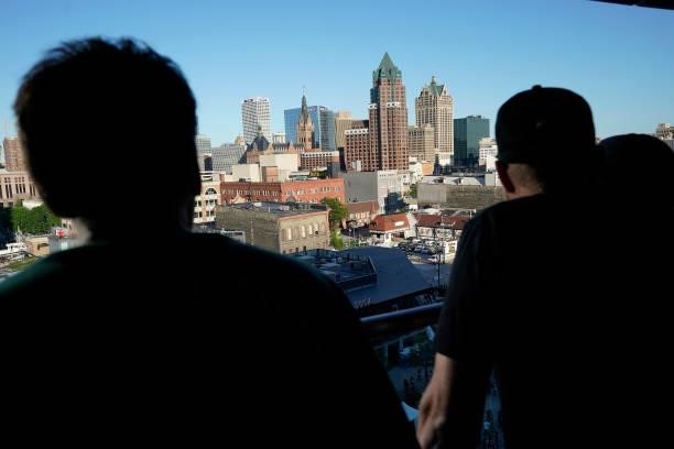 Basketball fans look over the city before Game Five of the Eastern Conference Finals between the Milwaukee Bucks and the Atlanta Hawks at Fiserv...