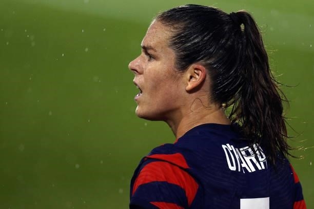 Kelley O'Hara of the United States disputes a call during the first half against Mexico at Rentschler Field on July 01, 2021 in East Hartford,...