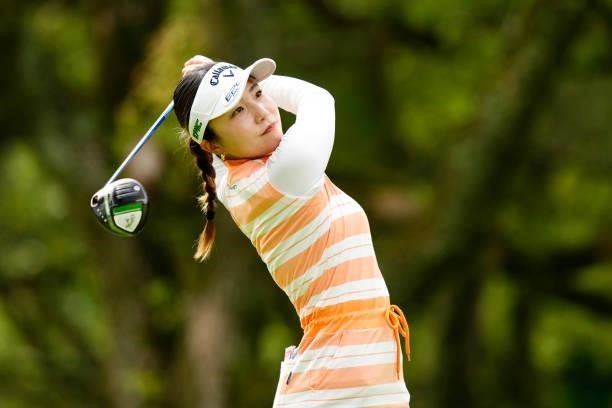 Riko Inoue of Japan hits her tee shot on the 2nd hole during the final round of the Sky Ladies ABC Cup at the ABC Golf Club on July 2, 2021 in Kato,...