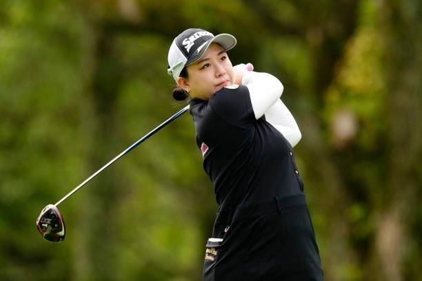 Kotono Kozuma of Japan hits her tee shot on the 2nd hole during the final round of the Sky Ladies ABC Cup at the ABC Golf Club on July 2, 2021 in...