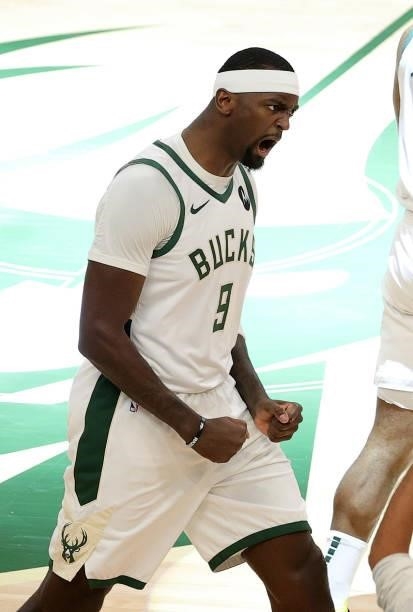 Bobby Portis of the Milwaukee Bucks reacts during a time out during the first quarter in Game Five of the Eastern Conference Finals at Fiserv Forum...