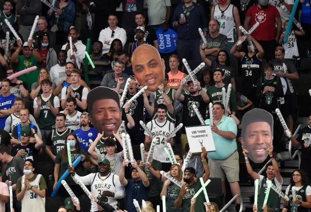 Milwaukee Bucks fans react during ann Atlanta Hawks free throw during the first quarter in Game Five of the Eastern Conference Finals at Fiserv Forum...