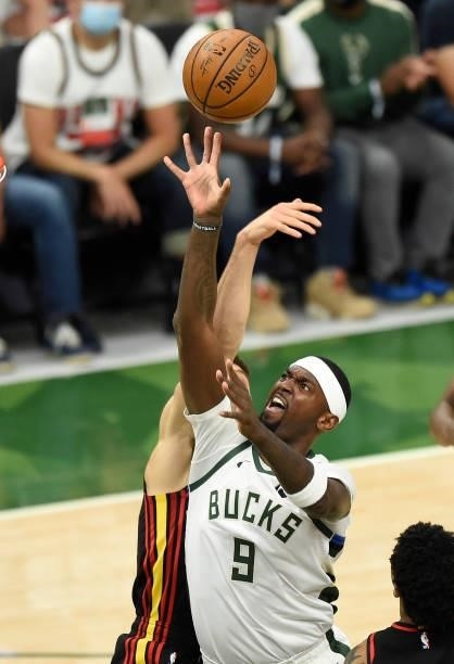 Bobby Portis of the Milwaukee Bucks goes up for a shot against the Atlanta Hawks in Game Five of the Eastern Conference Finals at Fiserv Forum on...