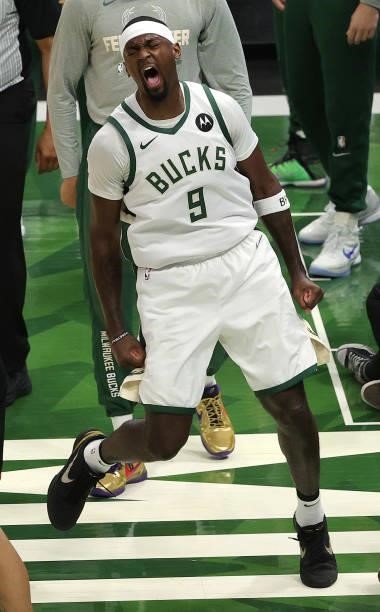 Bobby Portis of the Milwaukee Bucks reacts to a dunk against the Atlanta Hawks in Game Five of the Eastern Conference Finals at Fiserv Forum on July...