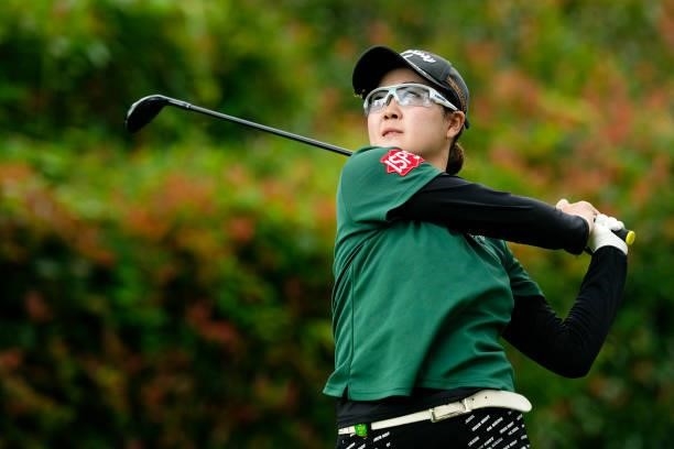 Mayu Hosaka of Japan hits her tee shot on the 3rd hole during the final round of the Sky Ladies ABC Cup at the ABC Golf Club on July 2, 2021 in Kato,...