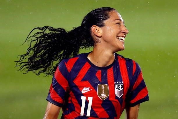 Christen Press of United States celebrates after scoring a goal against Mexico at Rentschler Field on July 01, 2021 in East Hartford, Connecticut.
