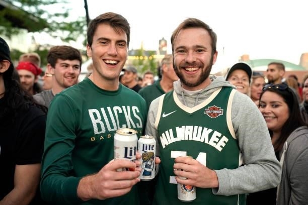 Basketball fans drink beer before Game Five of the Eastern Conference Finals between the Milwaukee Bucks and the Atlanta Hawks at Fiserv Forum on...