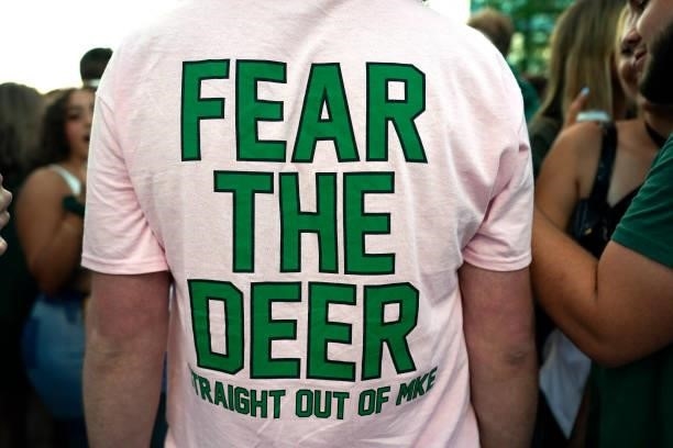 Fear the Deer shirt is shown before Game Five of the Eastern Conference Finals between the Milwaukee Bucks and the Atlanta Hawks at Fiserv Forum on...