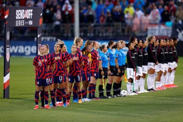 Members of the United States stand for the national anthem before the game against Mexico at Rentschler Field on July 01, 2021 in East Hartford,...