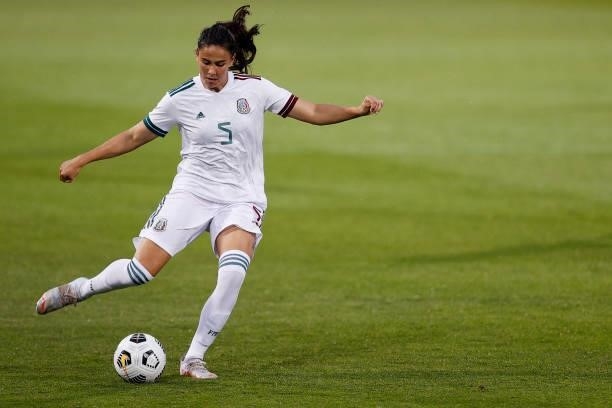 Jimena Lopez of Mexico clears the ball downfield during the first half of the game against the United States at Rentschler Field on July 01, 2021 in...