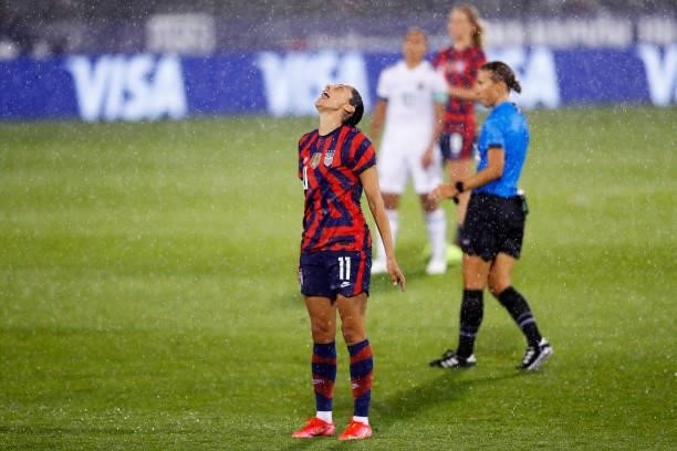 Christen Press of United States reacts after missing a shot on goal during the second half against Mexico at Rentschler Field on July 01, 2021 in...
