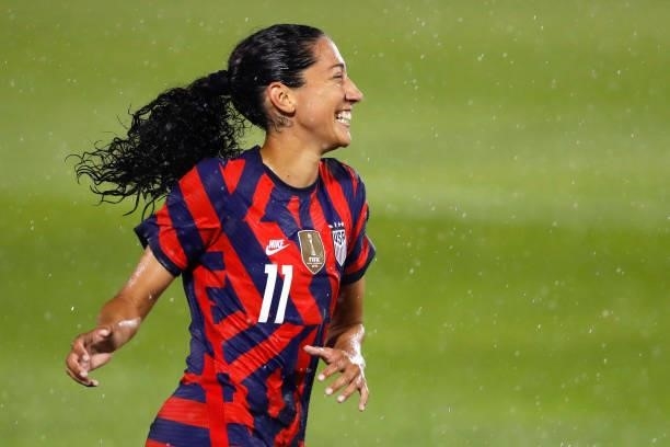 Christen Press of United States celebrates after scoring a goal against Mexico during the second half of their game at Rentschler Field on July 01,...