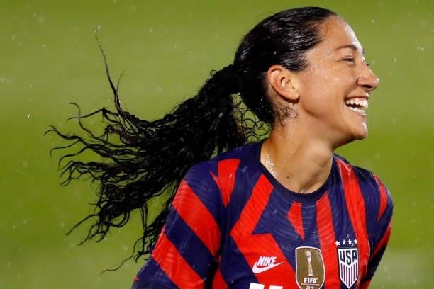 Christen Press of United States celebrates after scoring a goal against Mexico during the second half of their game at Rentschler Field on July 01,...