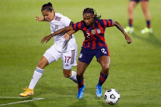 Lizbeth Ovalle of Mexico defends Crystal Dunn of United States at Rentschler Field on July 01, 2021 in East Hartford, Connecticut.