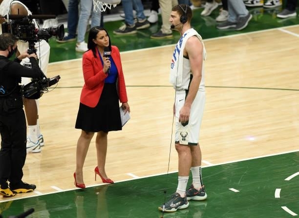 Brook Lopez of the Milwaukee Bucks talks during an interview following the team's win against the Atlanta Hawks during the second half in Game Five...