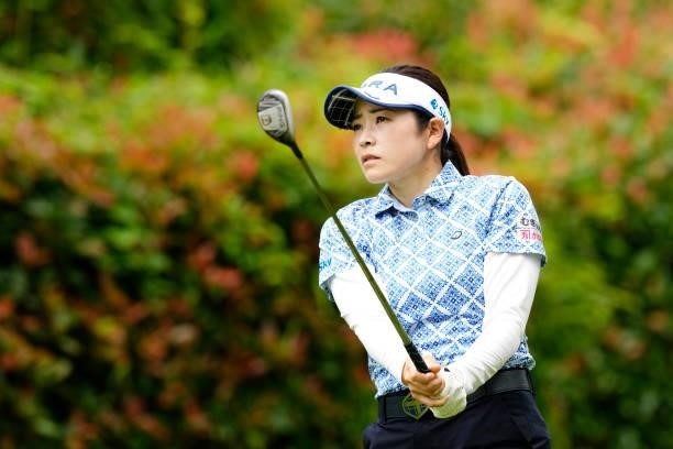 Sumika Nakasone of Japan hits her tee shot on the 3rd hole during the final round of the Sky Ladies ABC Cup at the ABC Golf Club on July 2, 2021 in...