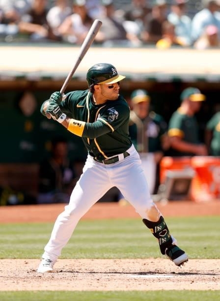 Ramon Laureano of the Oakland Athletics bats against the Texas Rangers at RingCentral Coliseum on July 01, 2021 in Oakland, California.
