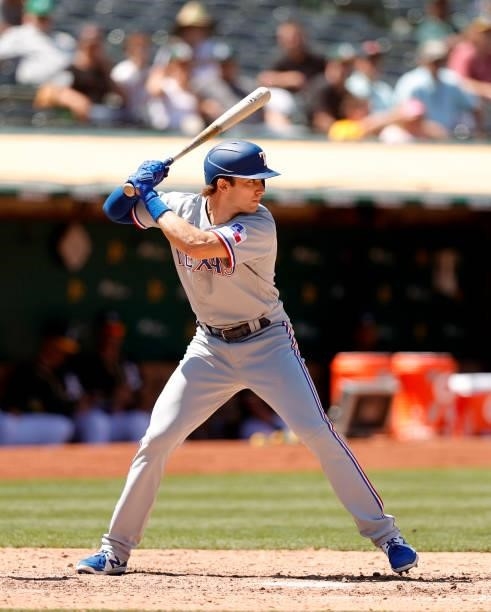 Eli White of the Texas Rangers bats against the Oakland Athletics at RingCentral Coliseum on July 01, 2021 in Oakland, California.