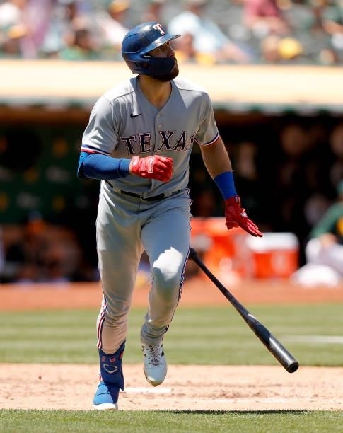 Joey Gallo of the Texas Rangers hits a two-run home run in the fifth inning against the Oakland Athletics at RingCentral Coliseum on July 01, 2021 in...