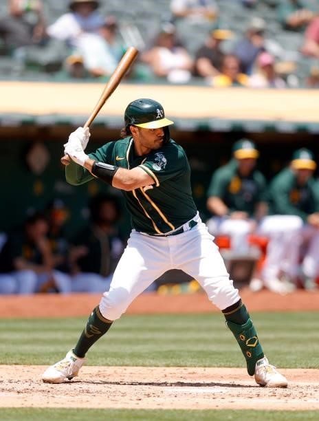 Aramis Garcia of the Oakland Athletics bats against the Texas Rangers at RingCentral Coliseum on July 01, 2021 in Oakland, California.