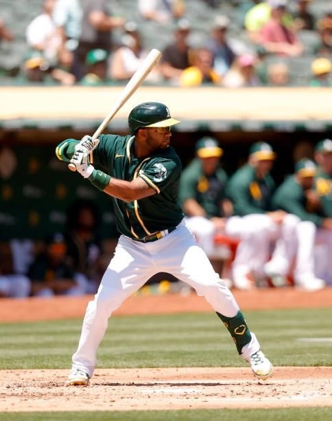 Elvis Andrus of the Oakland Athletics bats against the Texas Rangers at RingCentral Coliseum on July 01, 2021 in Oakland, California.