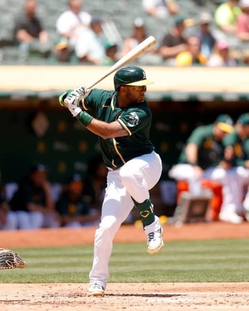 Elvis Andrus of the Oakland Athletics bats against the Texas Rangers at RingCentral Coliseum on July 01, 2021 in Oakland, California.