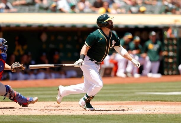 Mitch Moreland of the Oakland Athletics bats against the Texas Rangers at RingCentral Coliseum on July 01, 2021 in Oakland, California.