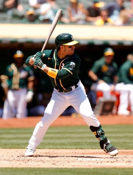 Ramon Laureano of the Oakland Athletics bats against the Texas Rangers at RingCentral Coliseum on July 01, 2021 in Oakland, California.