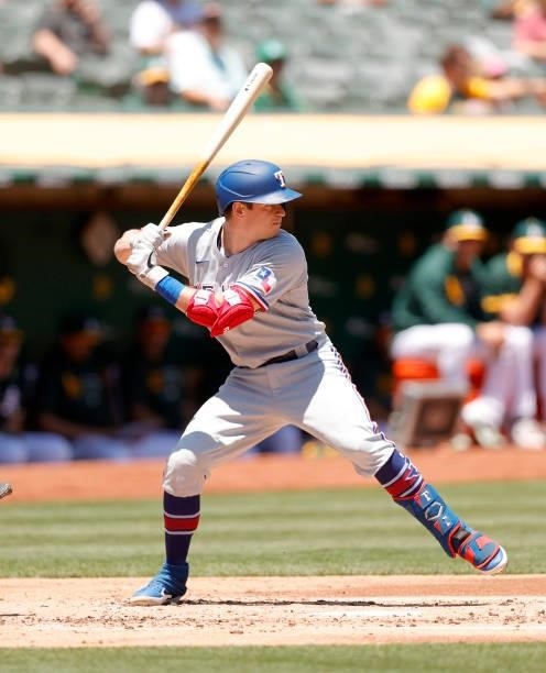 Nick Solak of the Texas Rangers bats against the Oakland Athletics at RingCentral Coliseum on July 01, 2021 in Oakland, California.