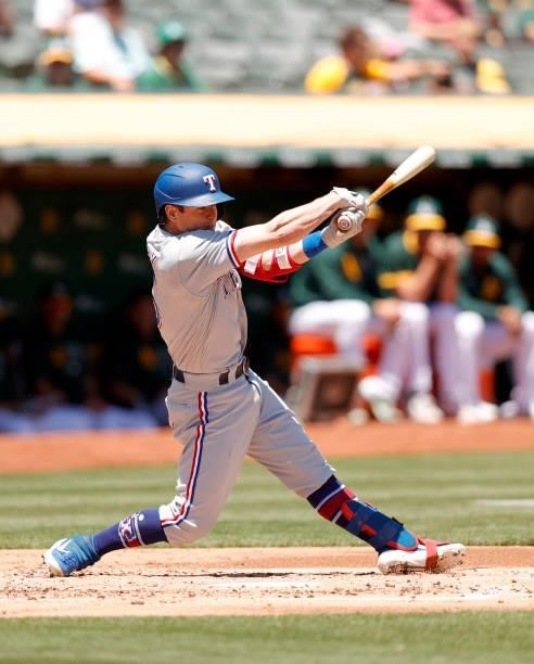Nick Solak of the Texas Rangers bats against the Oakland Athletics at RingCentral Coliseum on July 01, 2021 in Oakland, California.