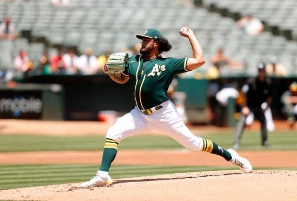 Sean Manaea of the Oakland Athletics pitches against the Texas Rangers at RingCentral Coliseum on July 01, 2021 in Oakland, California.