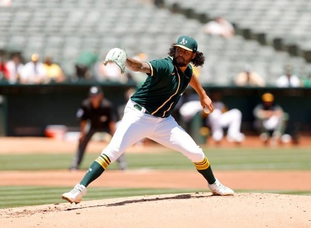 Sean Manaea of the Oakland Athletics pitches against the Texas Rangers at RingCentral Coliseum on July 01, 2021 in Oakland, California.