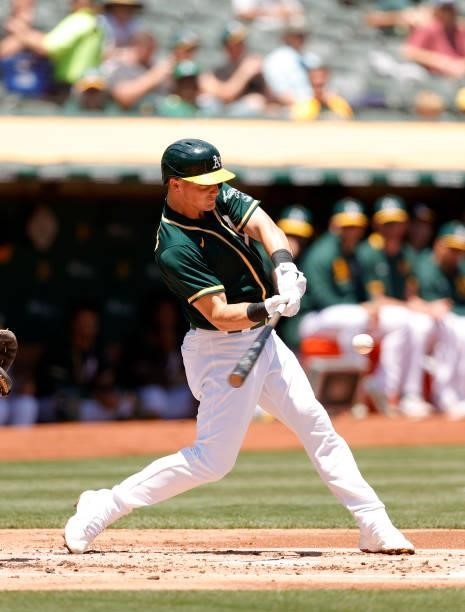 Matt Chapman of the Oakland Athletics bats against the Texas Rangers at RingCentral Coliseum on July 01, 2021 in Oakland, California.