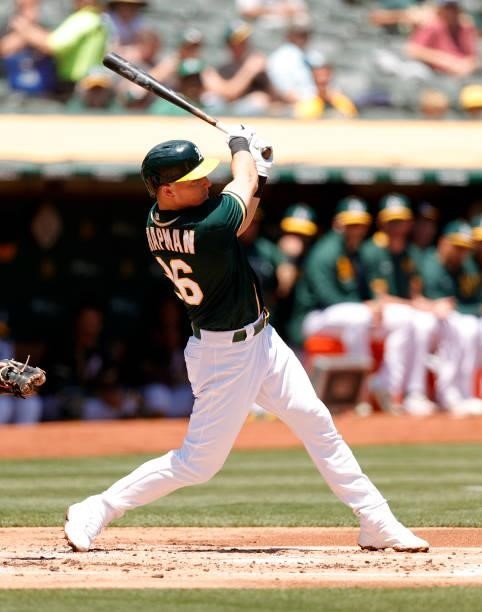 Matt Chapman of the Oakland Athletics bats against the Texas Rangers at RingCentral Coliseum on July 01, 2021 in Oakland, California.