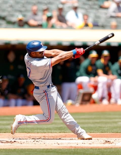 Andy Ibanez of the Texas Rangers bats against the Oakland Athletics at RingCentral Coliseum on July 01, 2021 in Oakland, California.