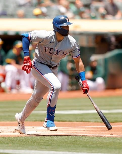 Joey Gallo of the Texas Rangers bats against the Oakland Athletics at RingCentral Coliseum on July 01, 2021 in Oakland, California.