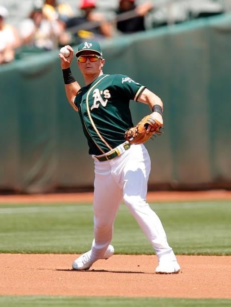 Matt Chapman of the Oakland Athletics throws to first base against the Texas Rangers at RingCentral Coliseum on July 01, 2021 in Oakland, California.