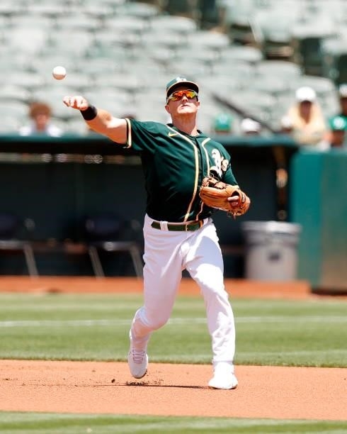 Matt Chapman of the Oakland Athletics throws to first base against the Texas Rangers at RingCentral Coliseum on July 01, 2021 in Oakland, California.