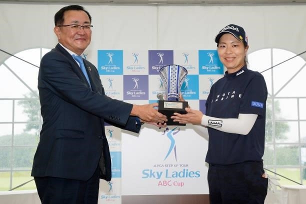 Mayu Hattori of Japan receives the trophy after the final round of the Sky Ladies ABC Cup at the ABC Golf Club on July 02, 2021 in Kato, Hyogo, Japan.
