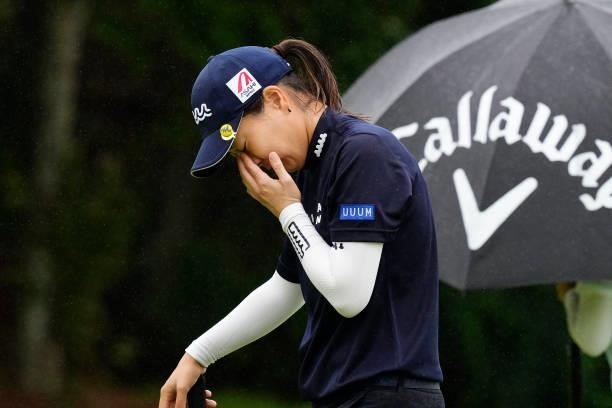 Mayu Hattori of Japan reacts after her putt on the 16th hole during the final round of the Sky Ladies ABC Cup at the ABC Golf Club on July 02, 2021...